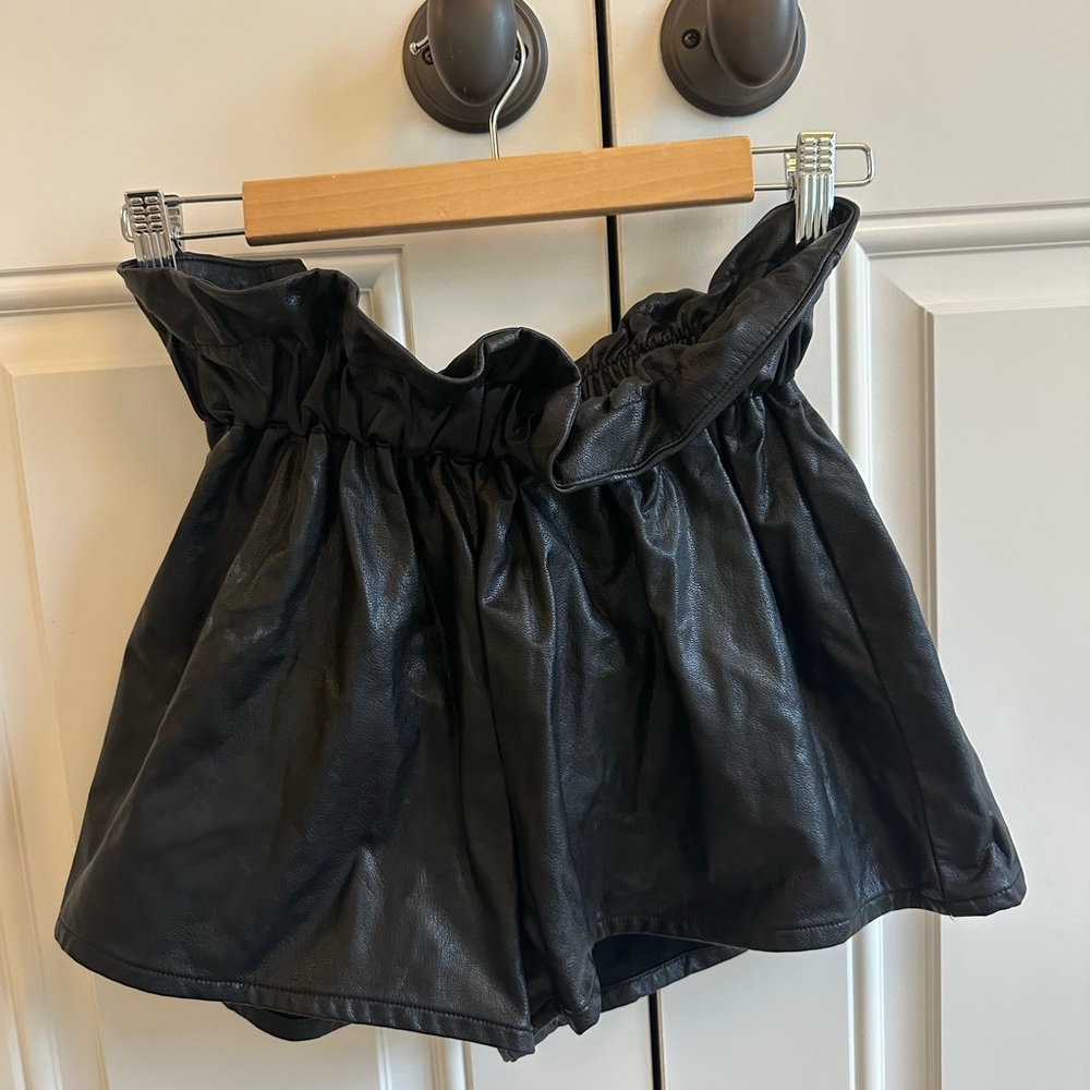 Black Faux Leather Ruffle Shorts